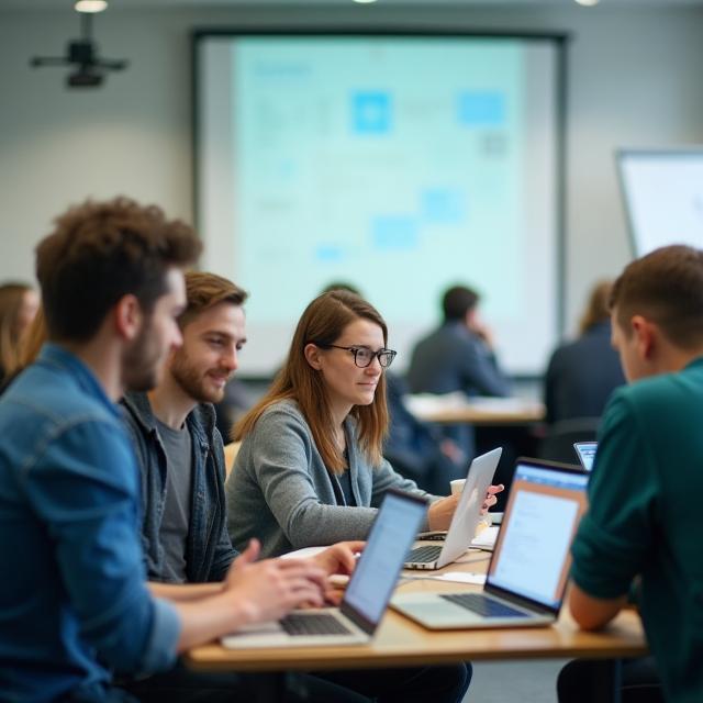 Studenten volgen hybride les aan ABC Hogeschool