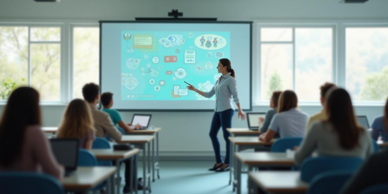 Docent gebruikt digitaal whiteboard in modern klaslokaal